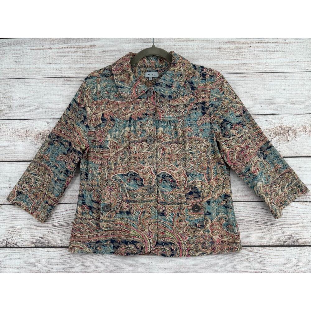 Analogy Watercolor‎ BOHO Print Button Down Jacket Women's Size Medium Beige/Blue